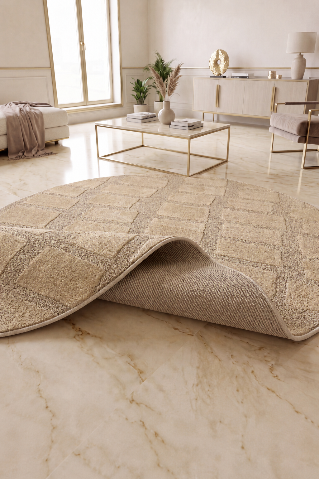 Japandi Teppich Linea Block Beige Rund