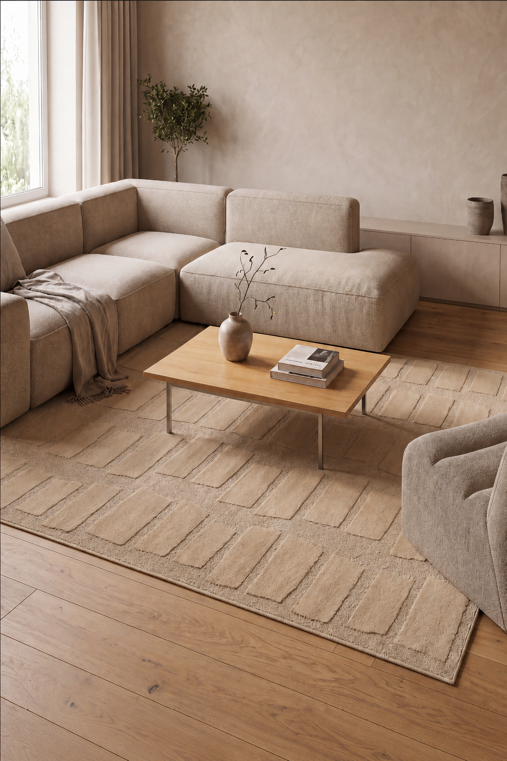 Japandi Teppich Linea Block Beige