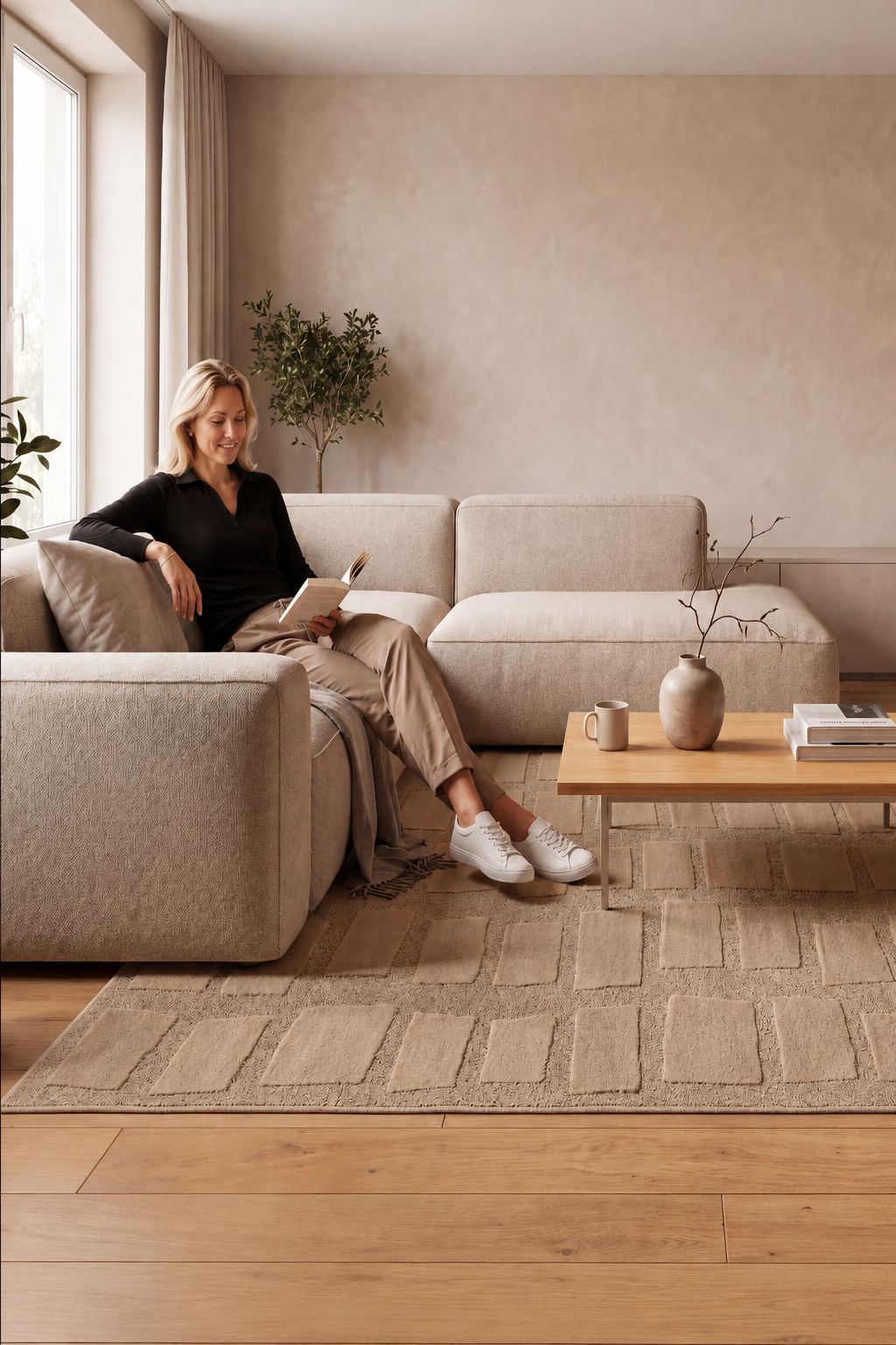Japandi Teppich Linea Block Beige