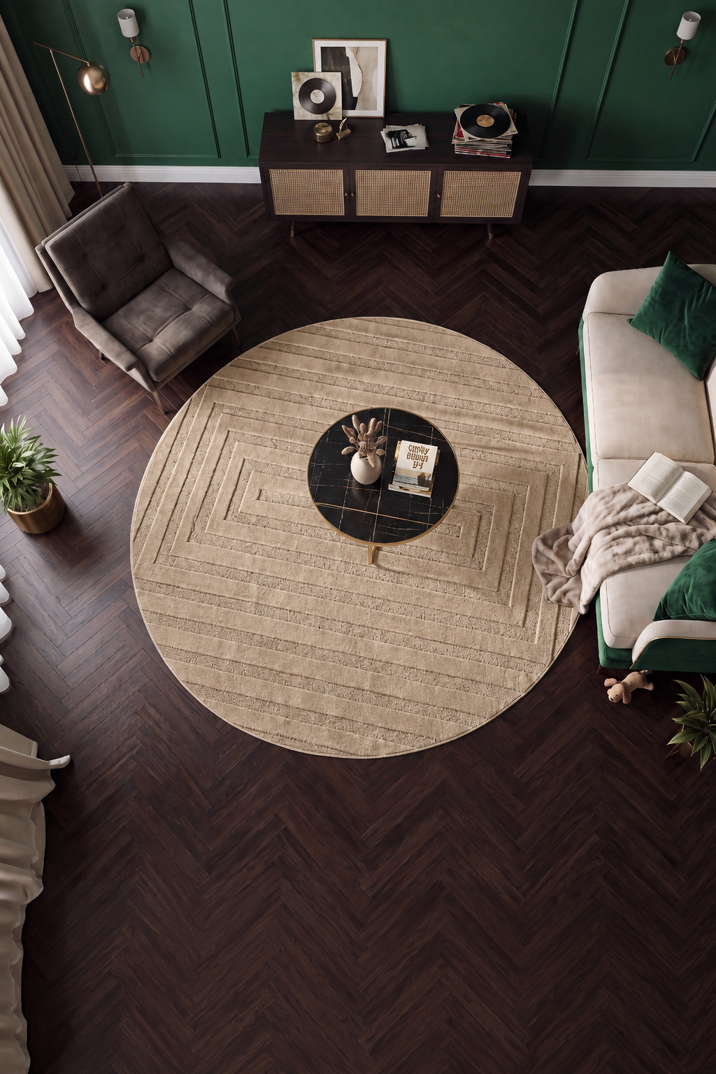 Japandi Teppich Linea Frame Beige Rund