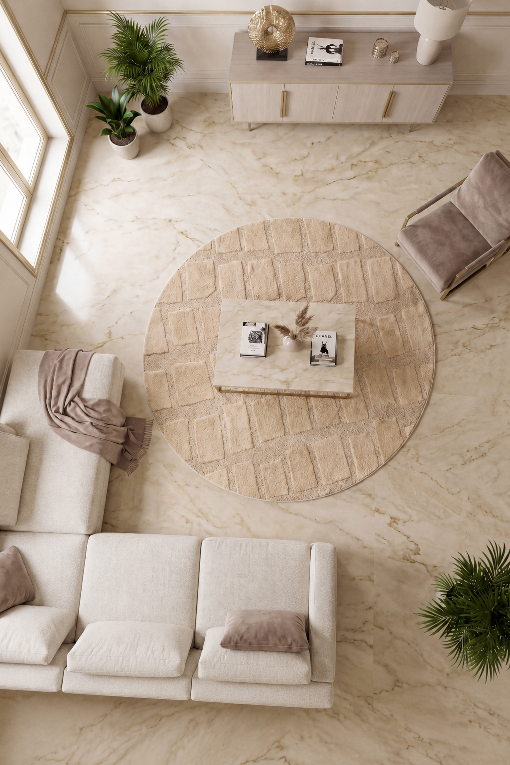 Japandi Teppich Linea Block Beige Rund
