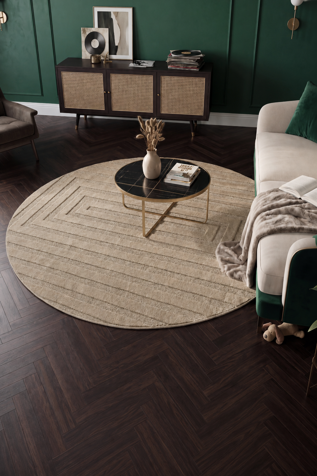 Japandi Teppich Linea Frame Beige Rund