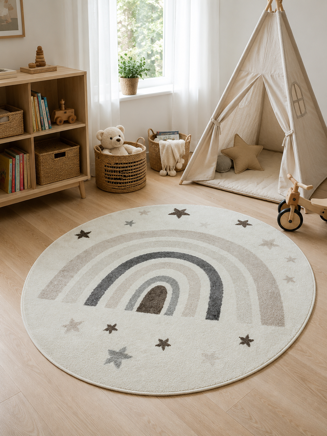 Kinderteppich - Rund Regenbogen Weiß