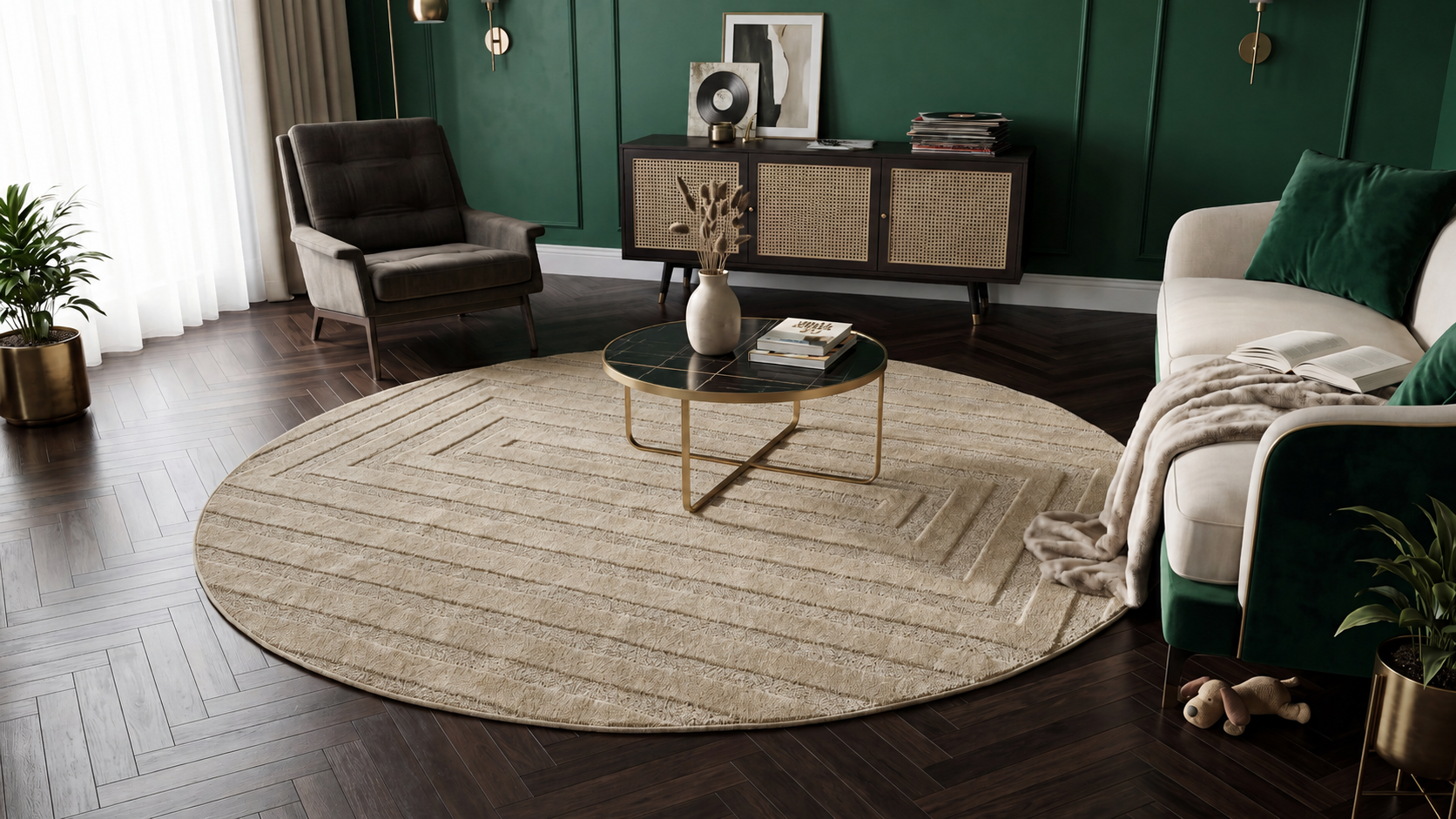 Japandi Teppich Linea Frame Beige Rund