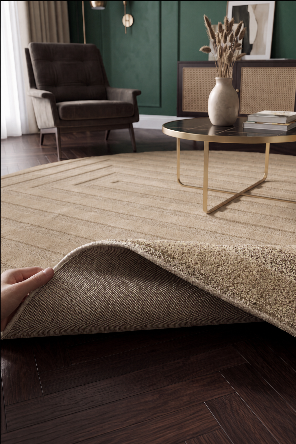 Japandi Teppich Linea Frame Beige Rund