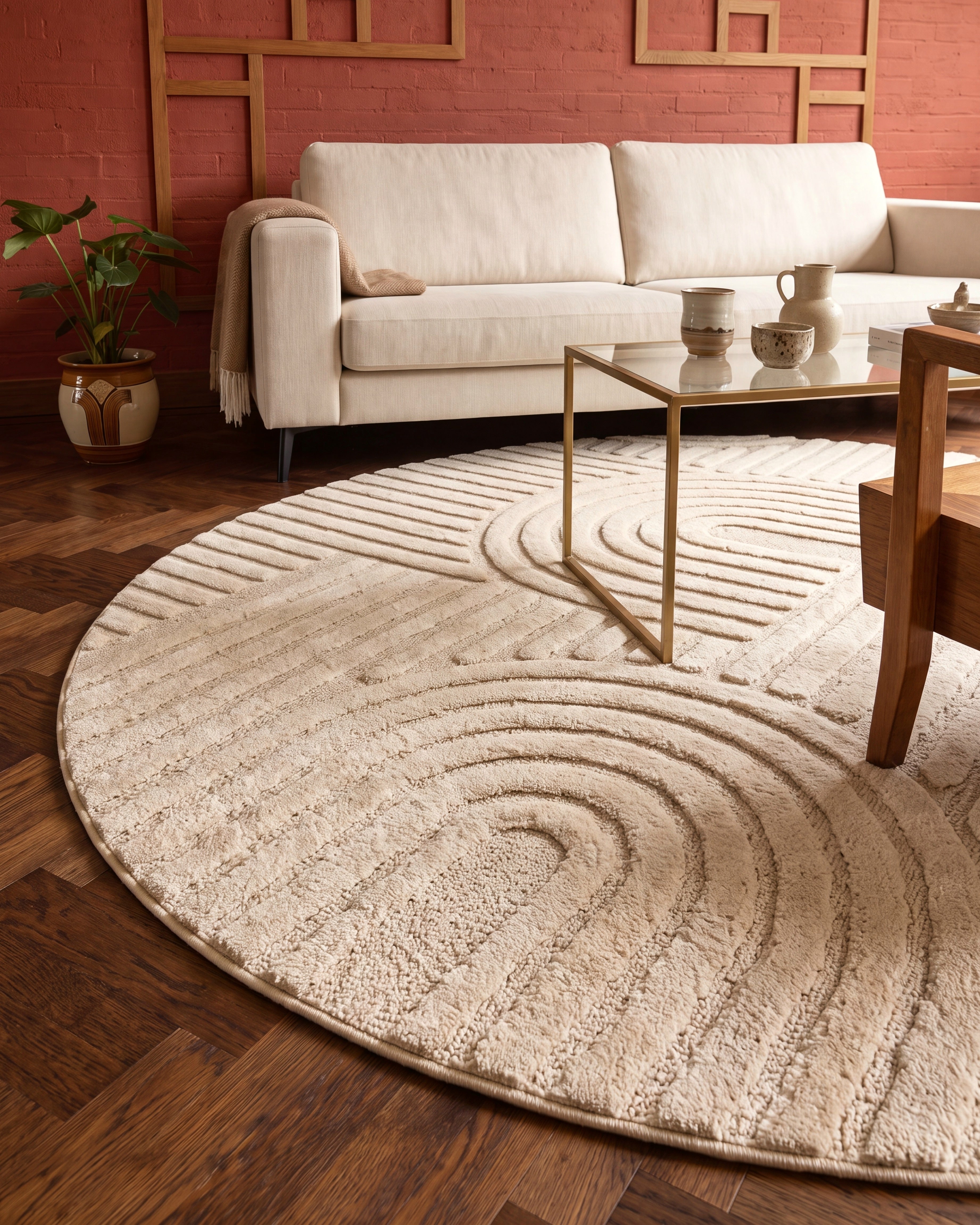 Runder Japandi Teppich - Linea Curve Creme