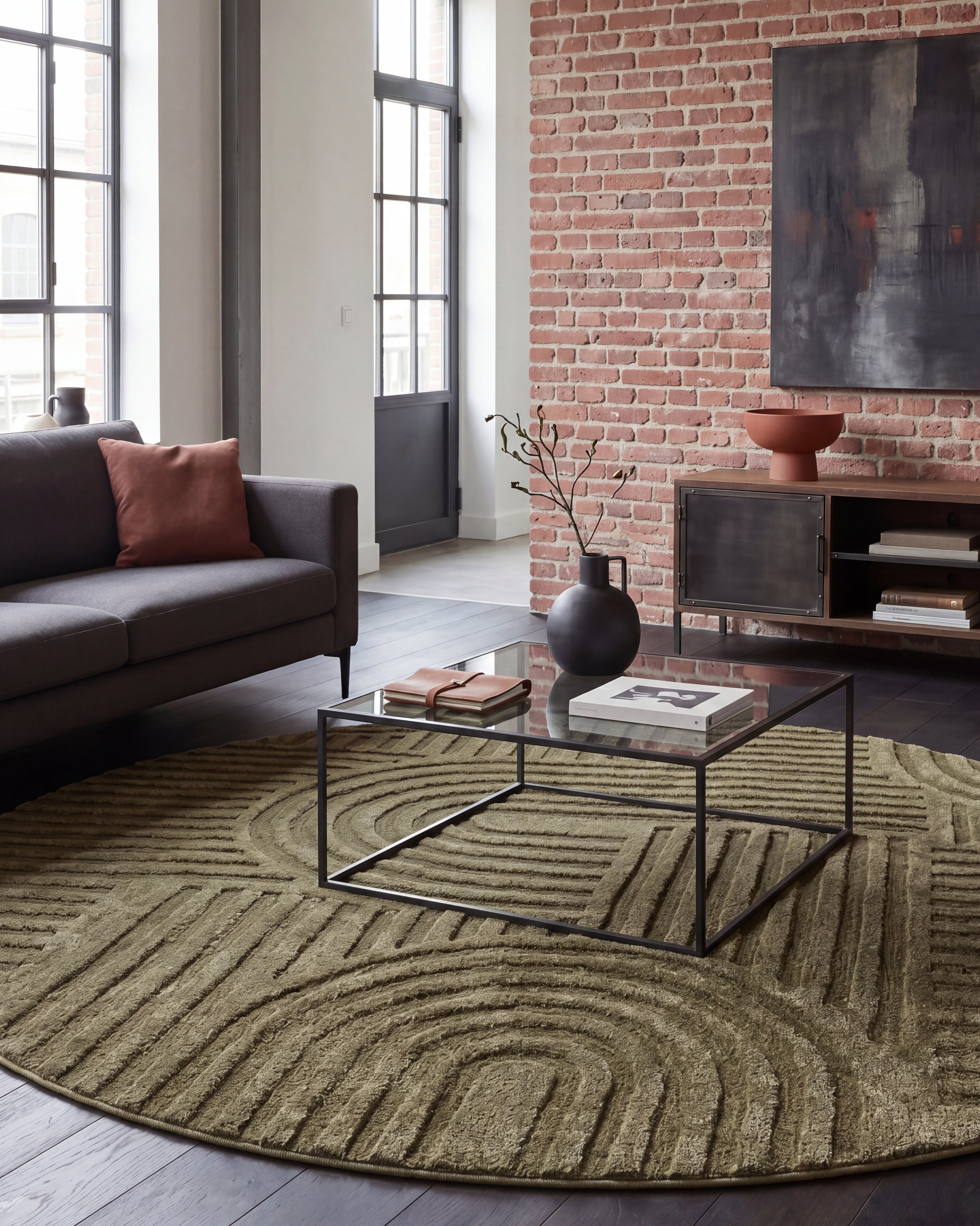 Runder Japandi Teppich Linea Curve Grün