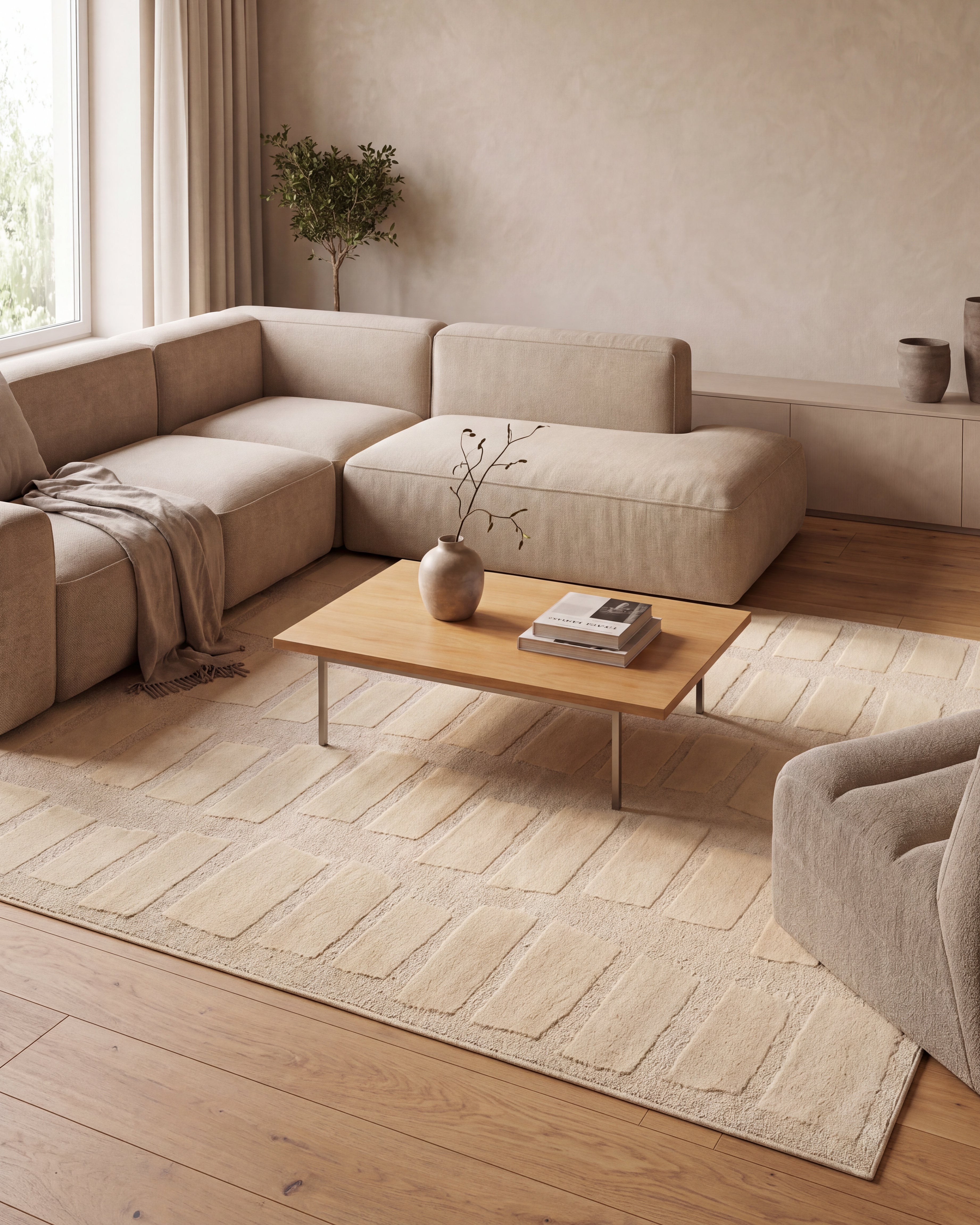 Japandi Teppich Linea Block Creme