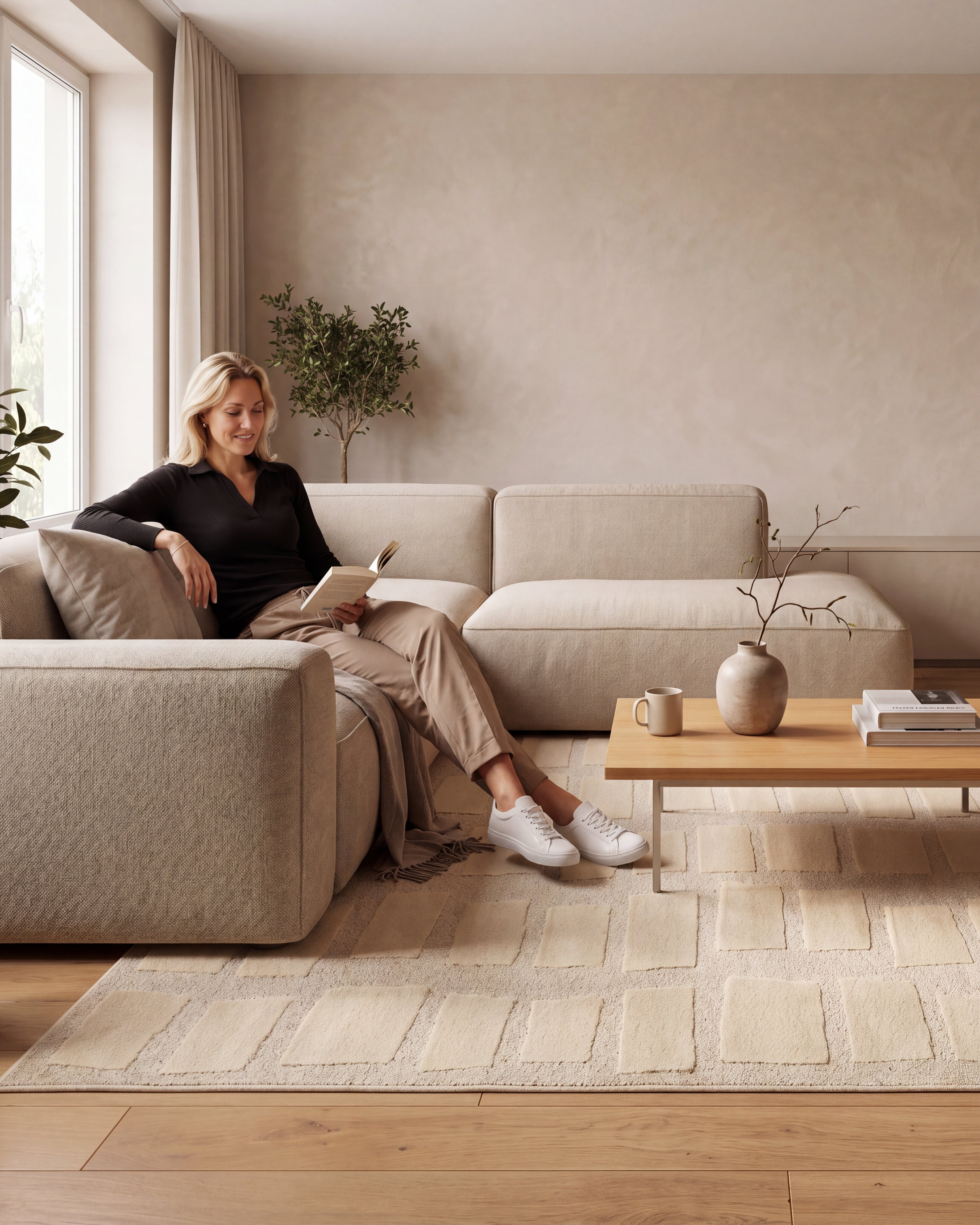 Japandi Teppich Linea Block Creme