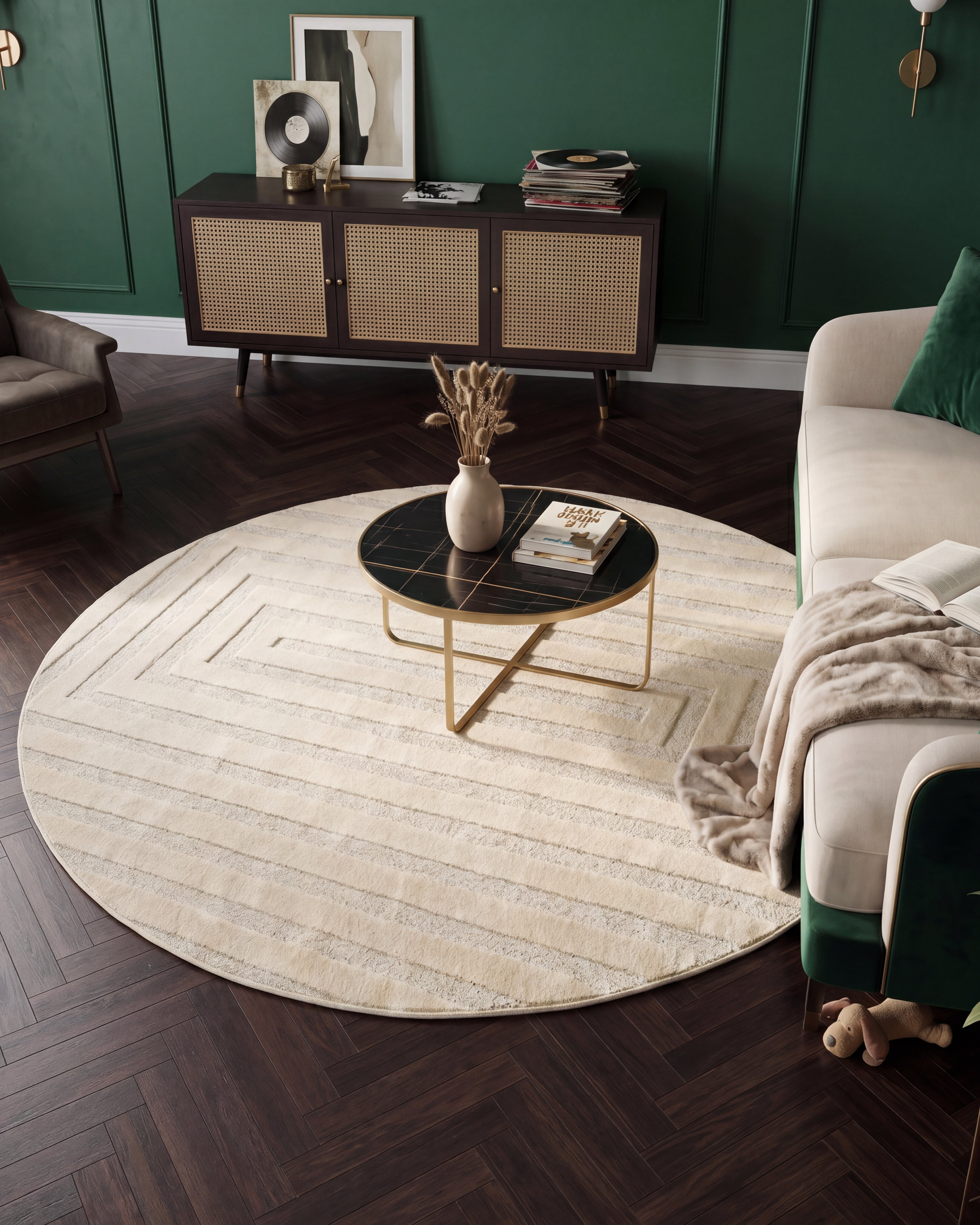 Japandi Teppich Linea Frame Creme Rund