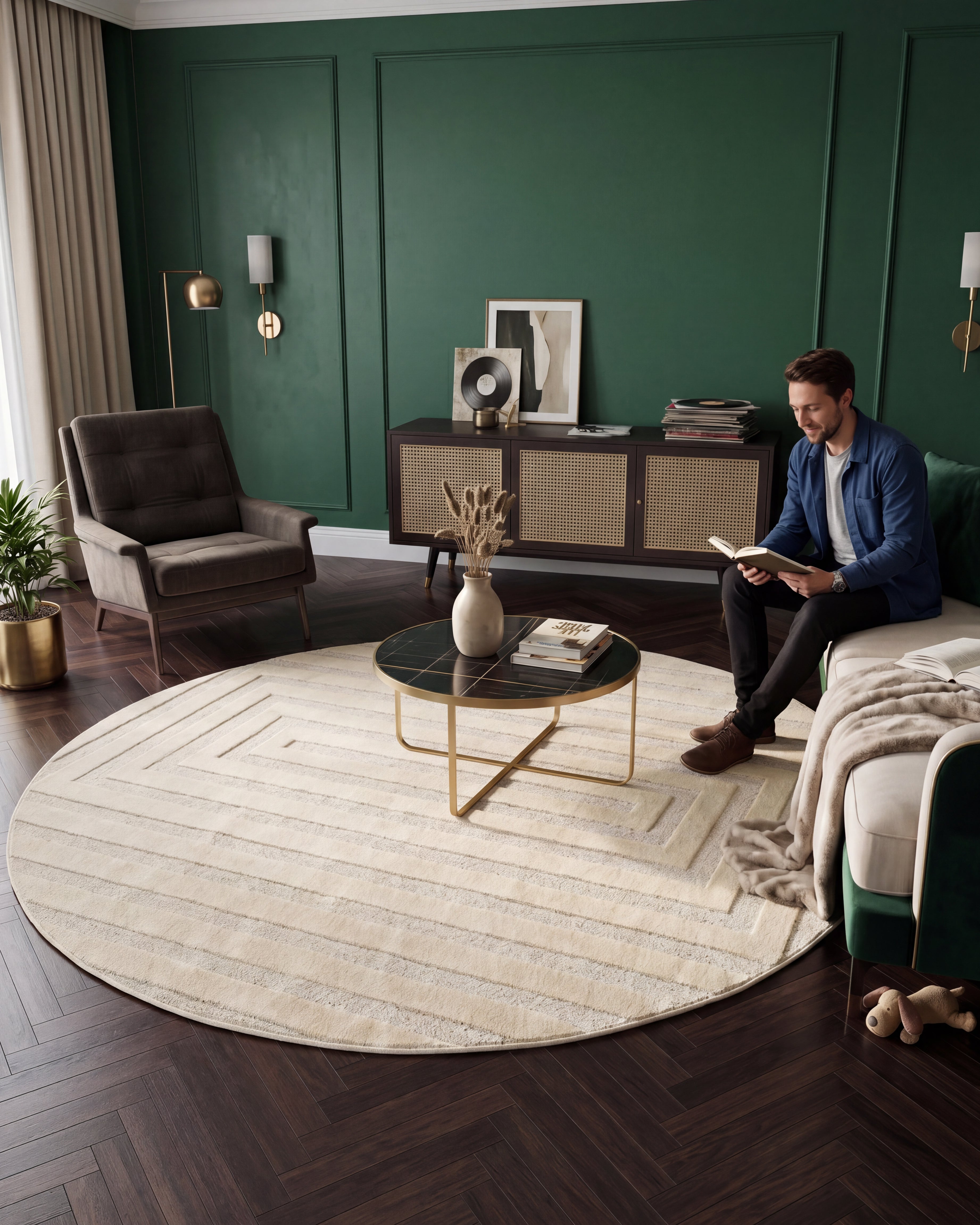 Japandi Teppich Linea Frame Creme Rund