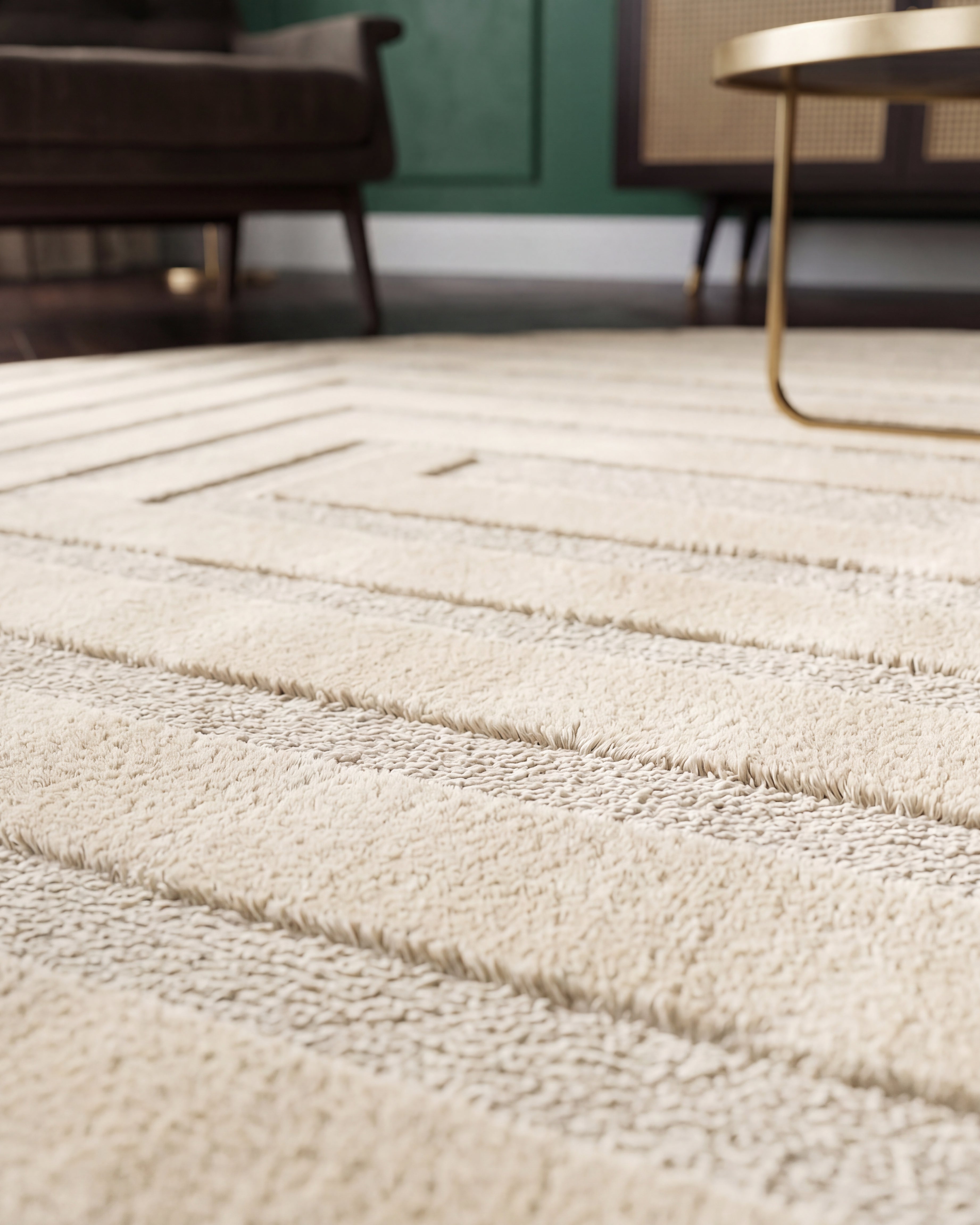 Japandi Teppich Linea Frame Creme Rund