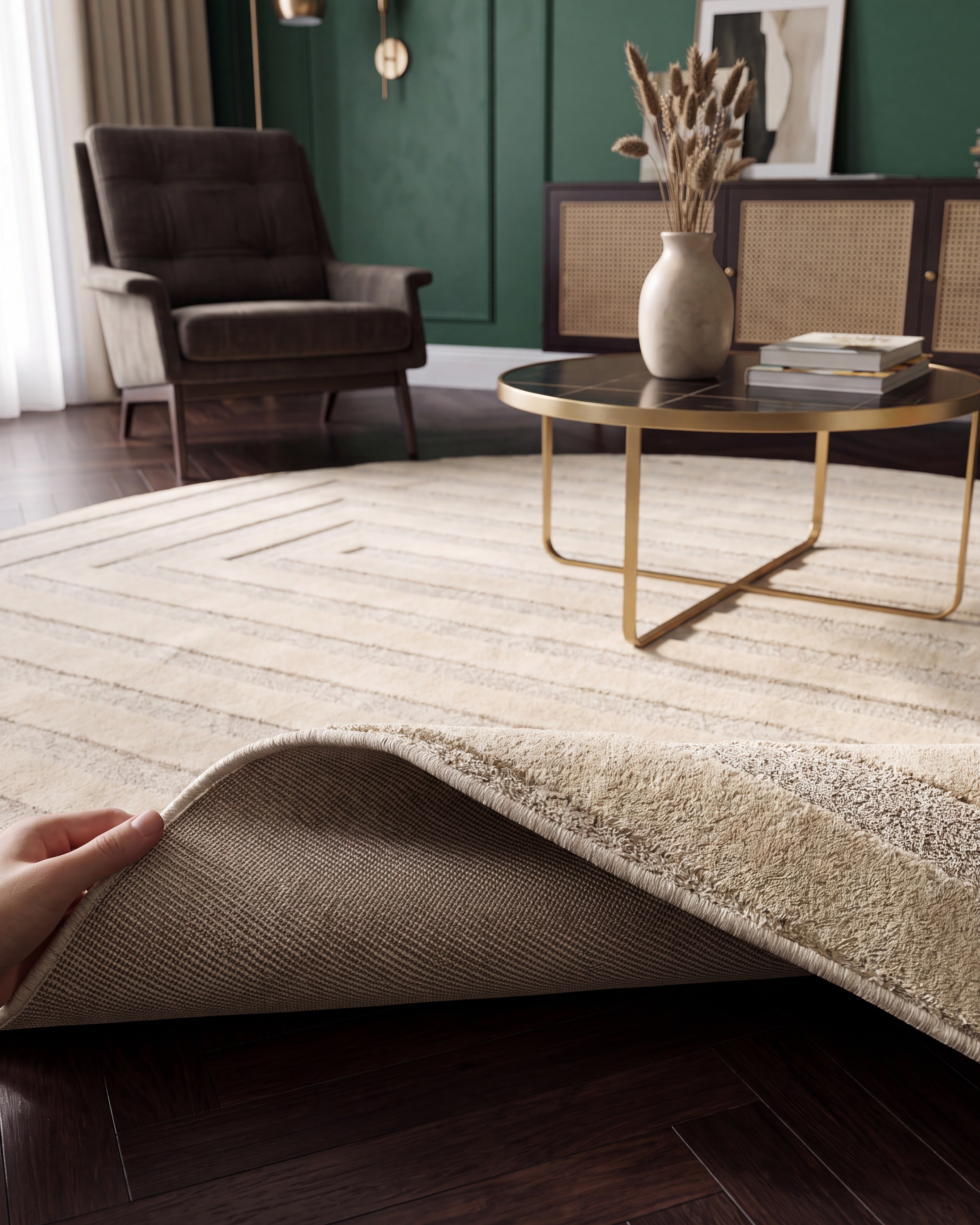 Japandi Teppich Linea Frame Creme Rund