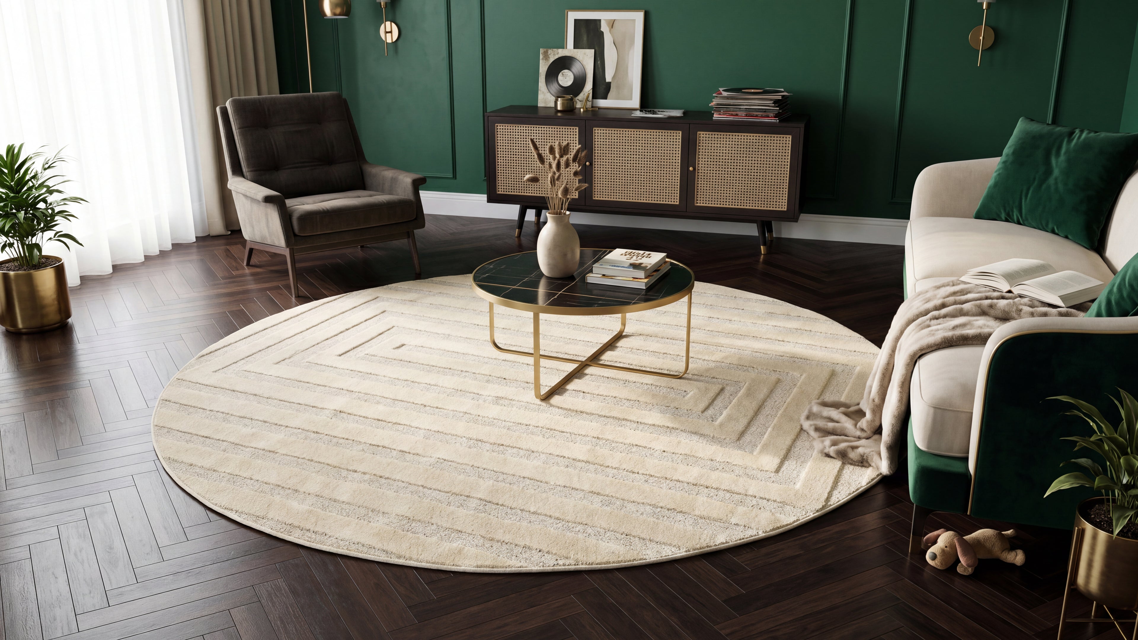 Japandi Teppich Linea Frame Creme Rund
