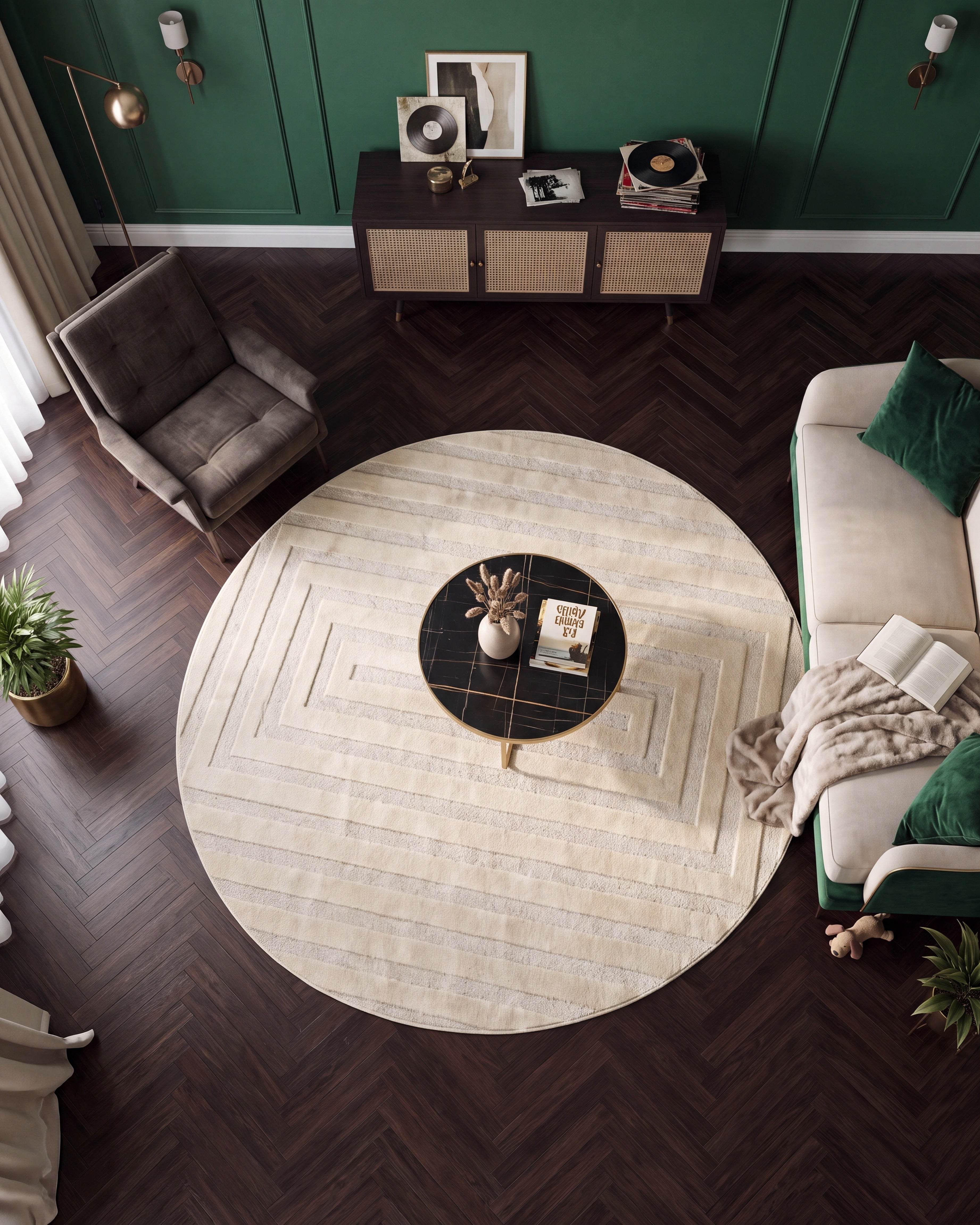 Japandi Teppich Linea Frame Creme Rund