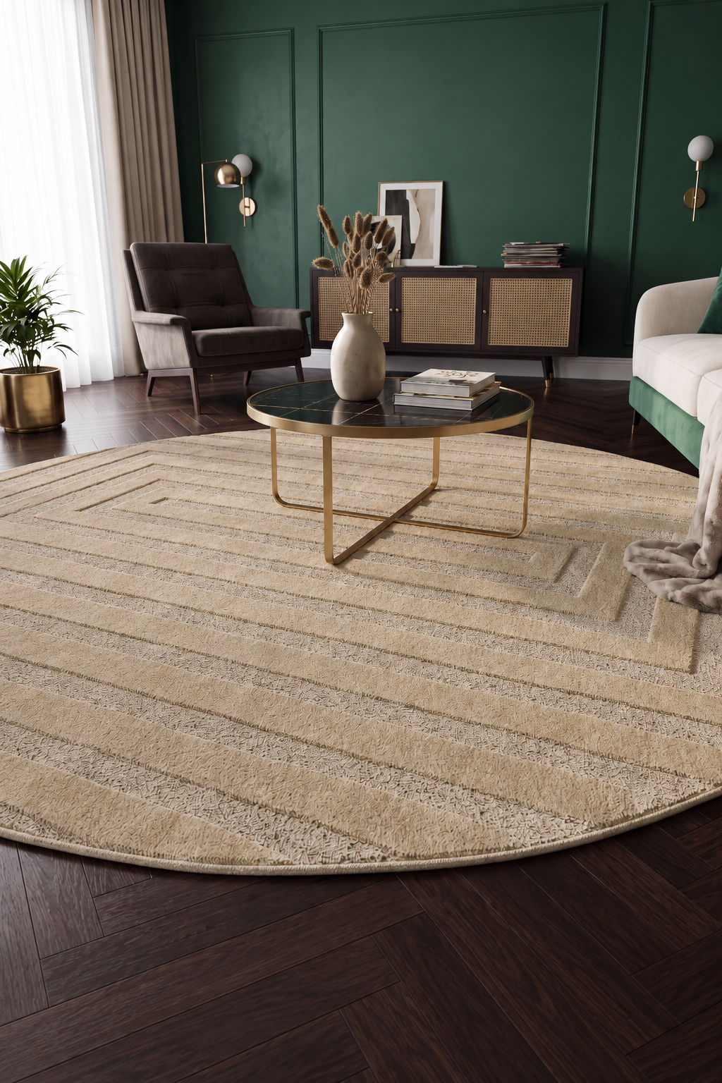 Japandi Teppich Linea Frame Beige Rund