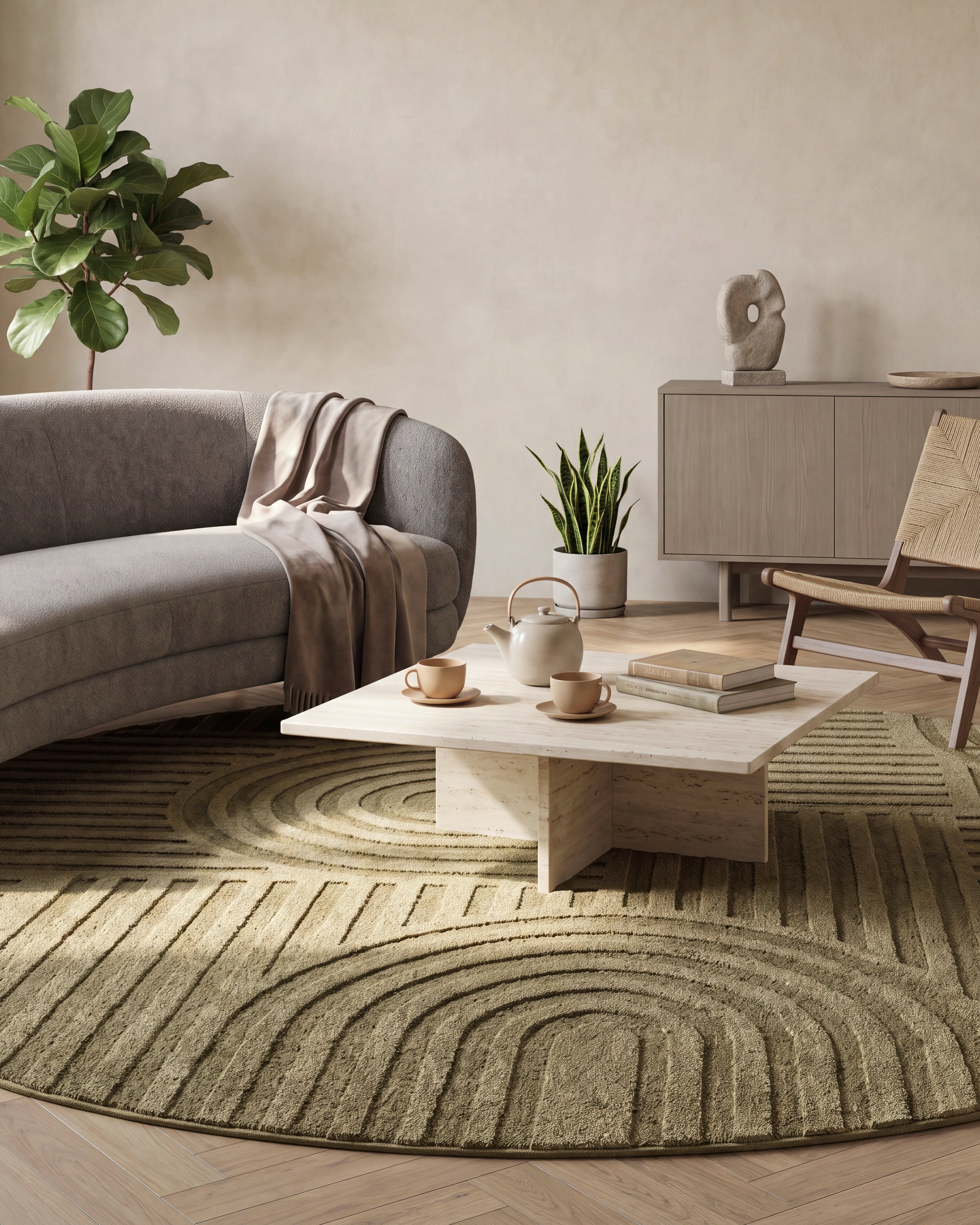 Runder Japandi Teppich Linea Curve Grün