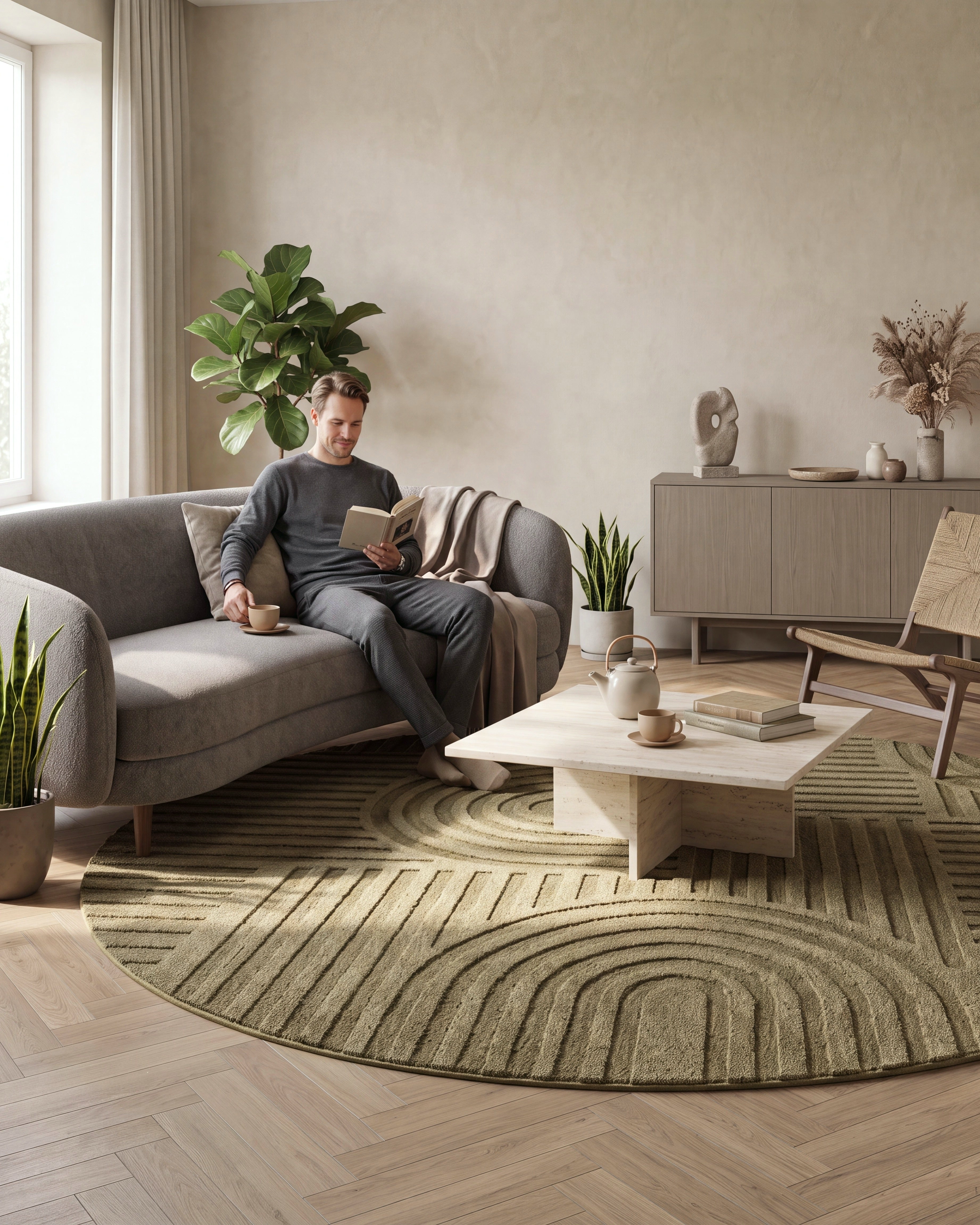 Runder Japandi Teppich Linea Curve Grün