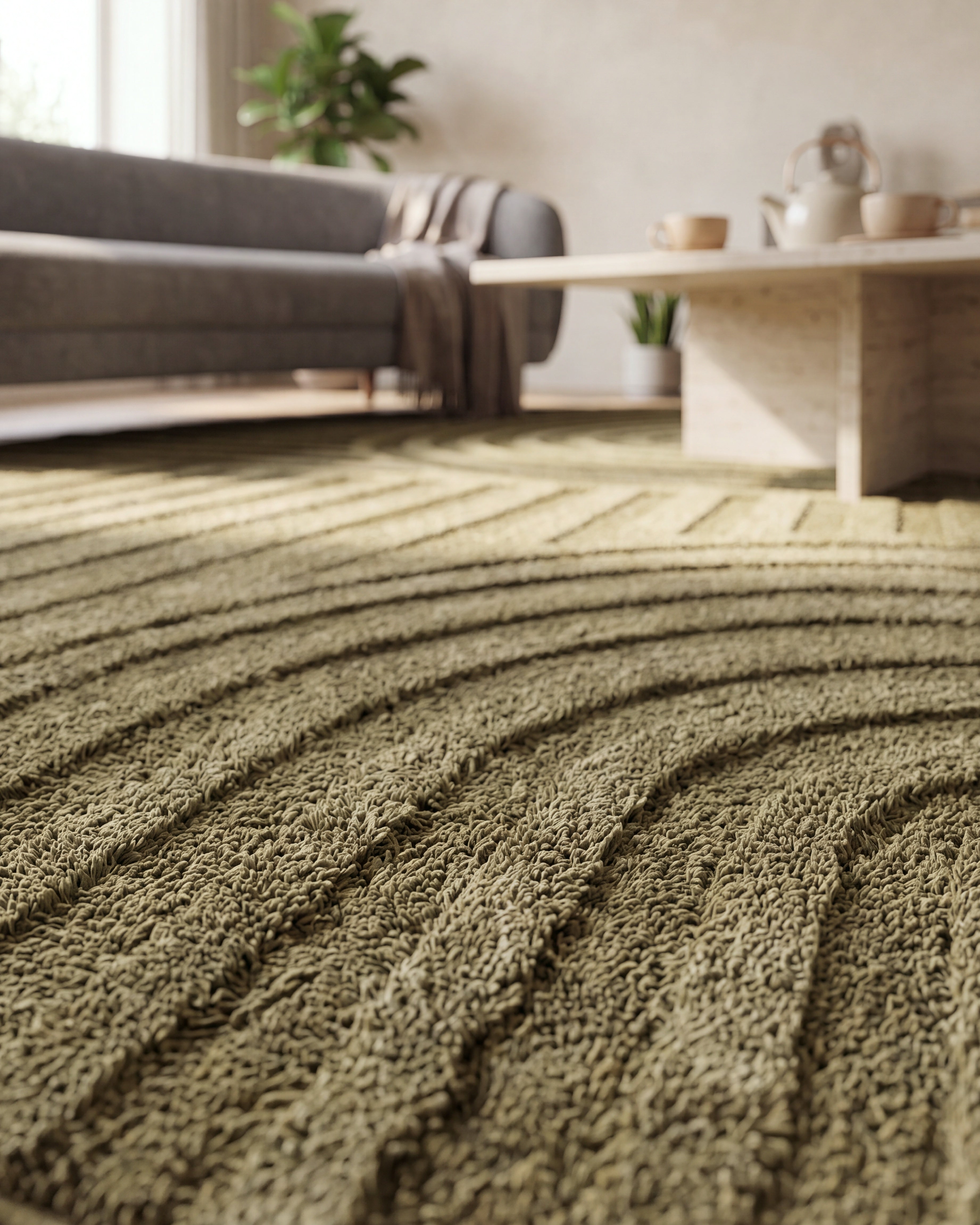 Runder Japandi Teppich Linea Curve Grün