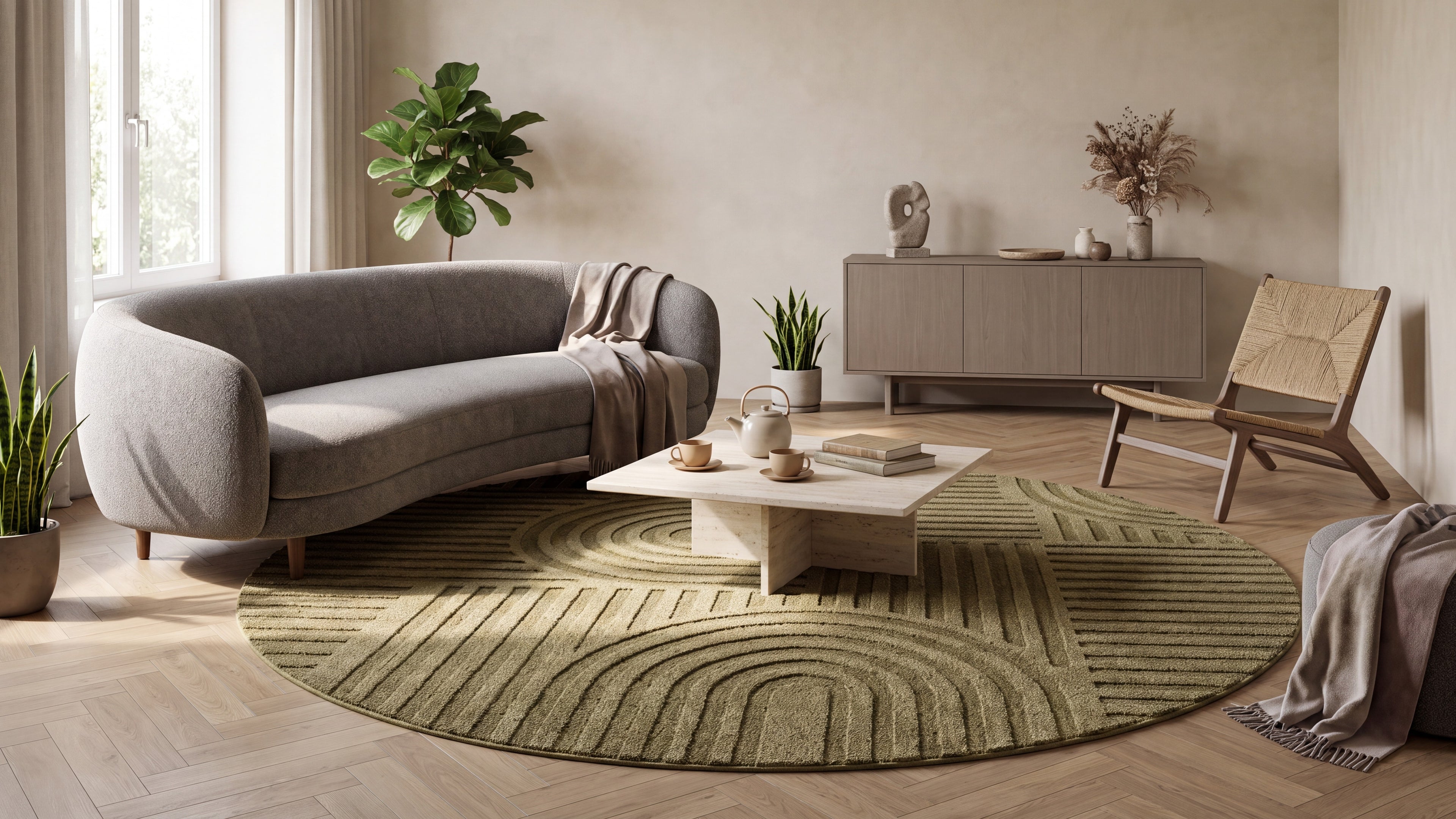 Runder Japandi Teppich Linea Curve Grün