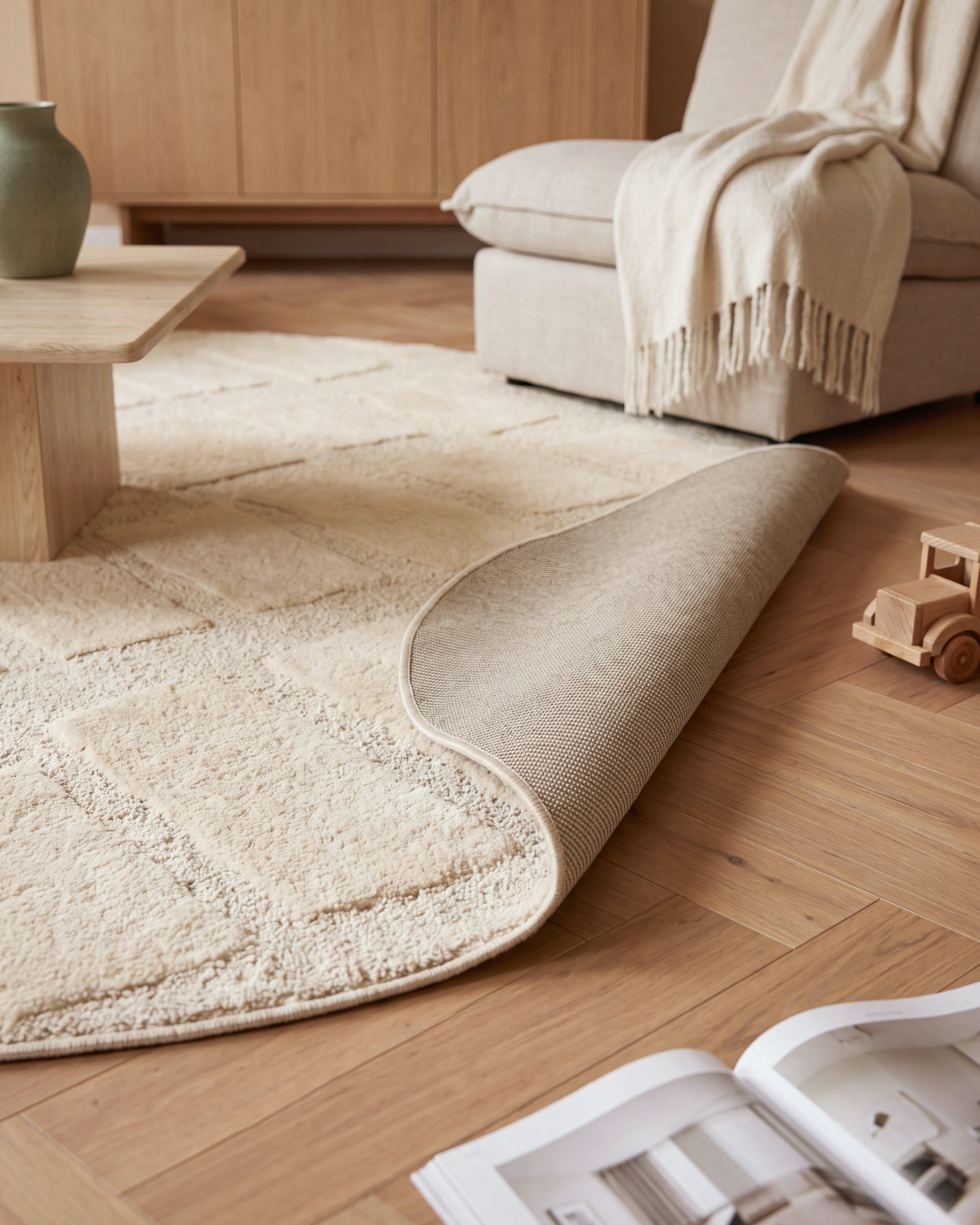 Japandi Teppich Linea Block Creme Rund