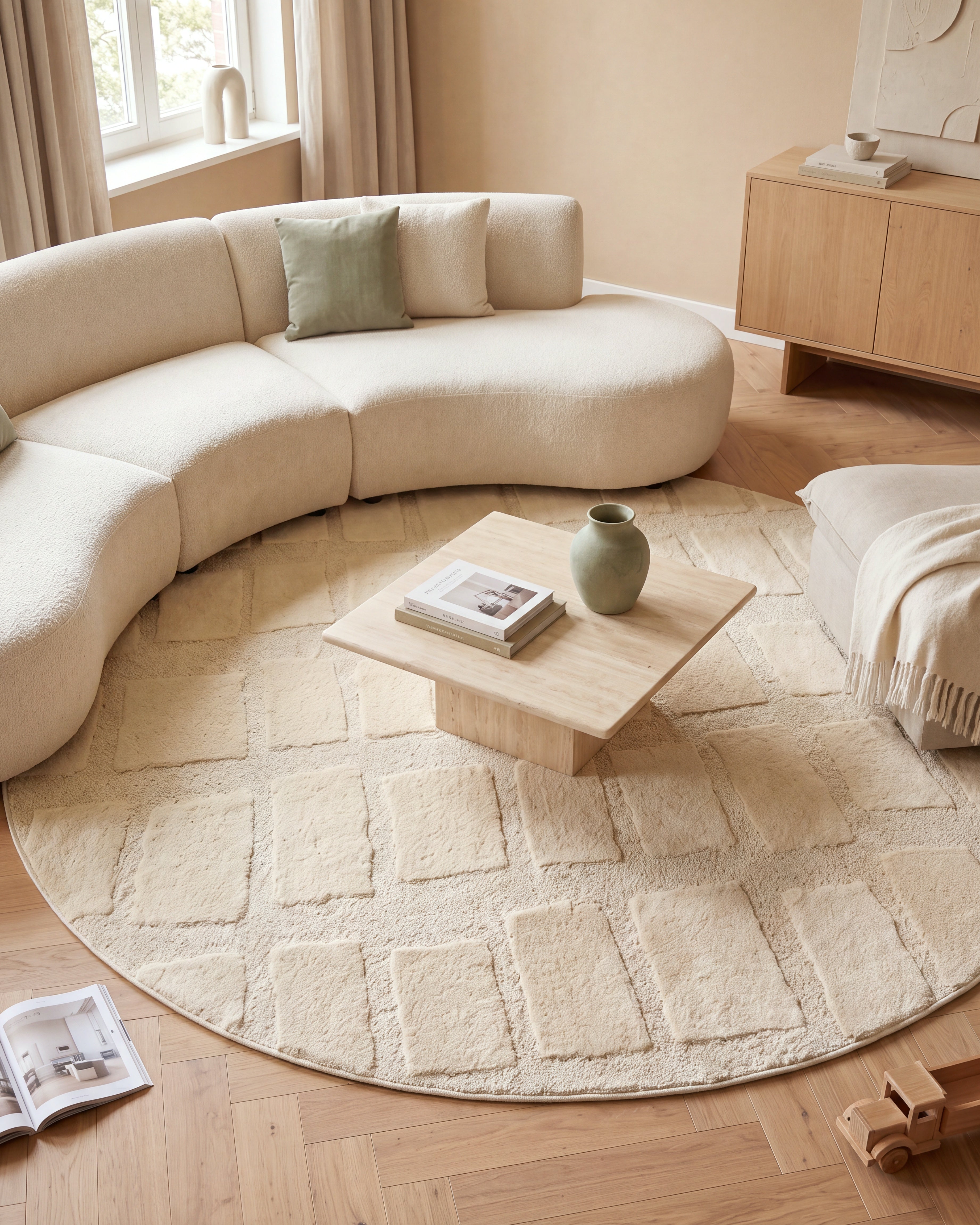 Japandi Teppich Linea Block Creme Rund