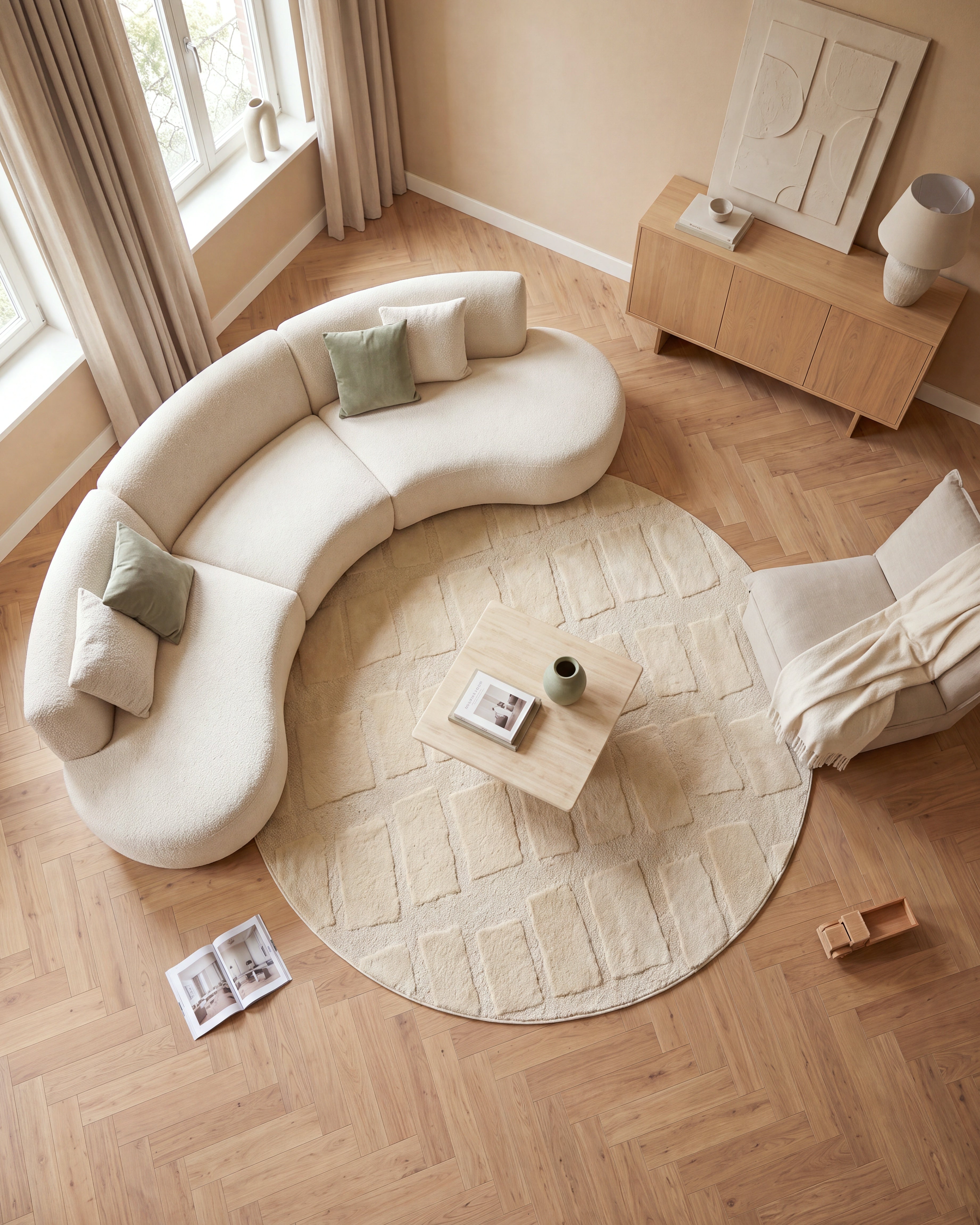Japandi Teppich Linea Block Creme Rund