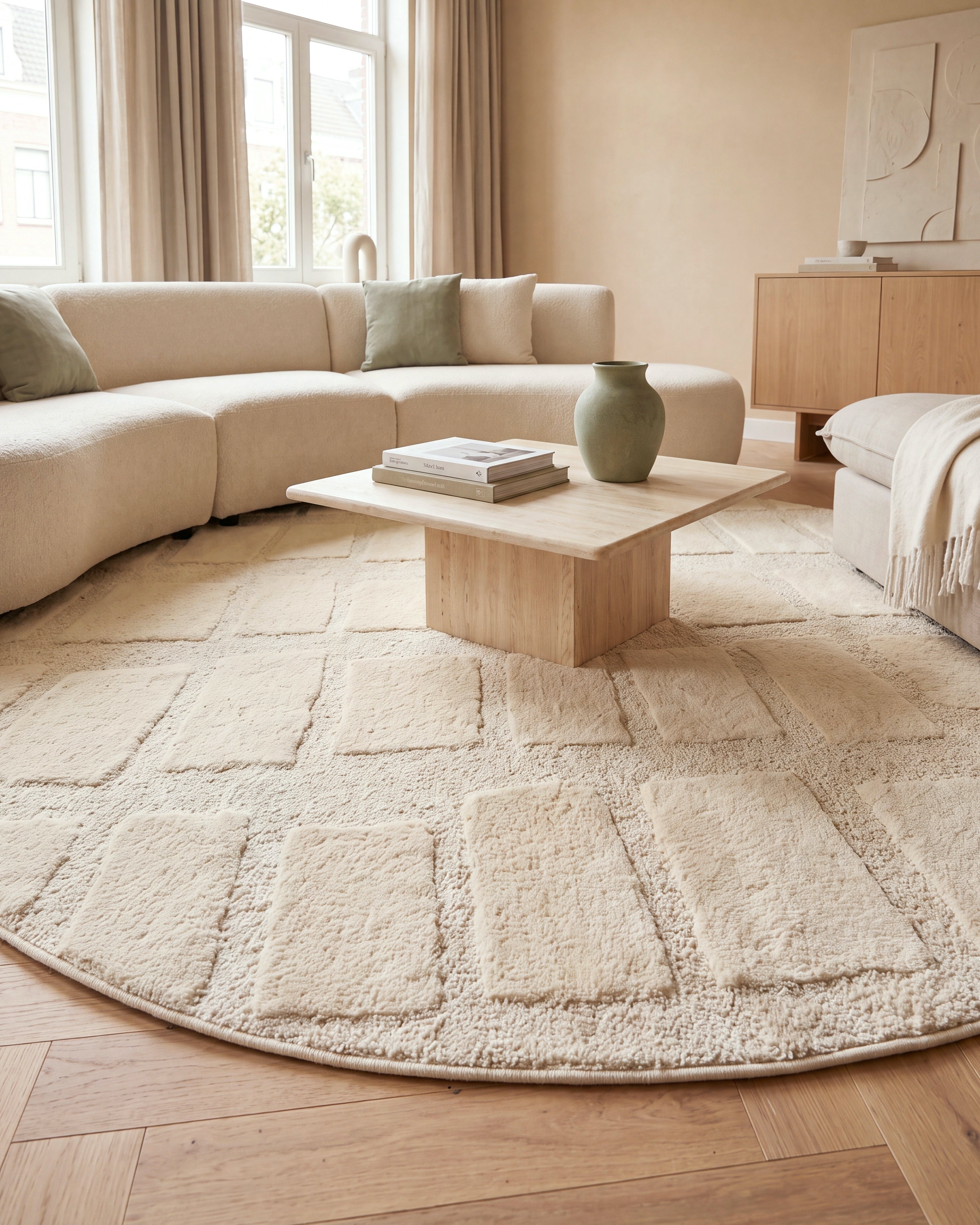 Japandi Teppich Linea Block Creme Rund