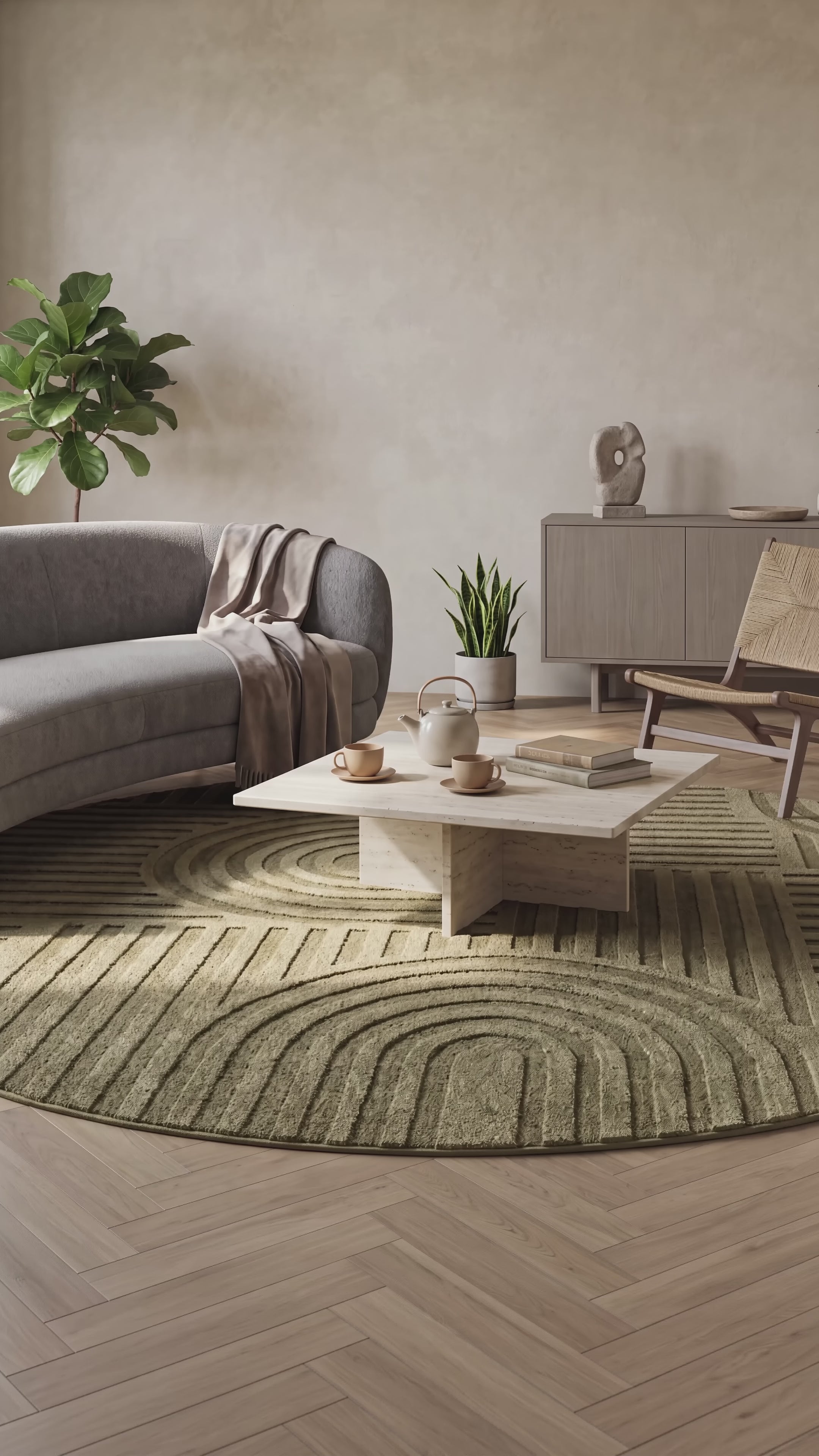 Runder Japandi Teppich Linea Curve Grün