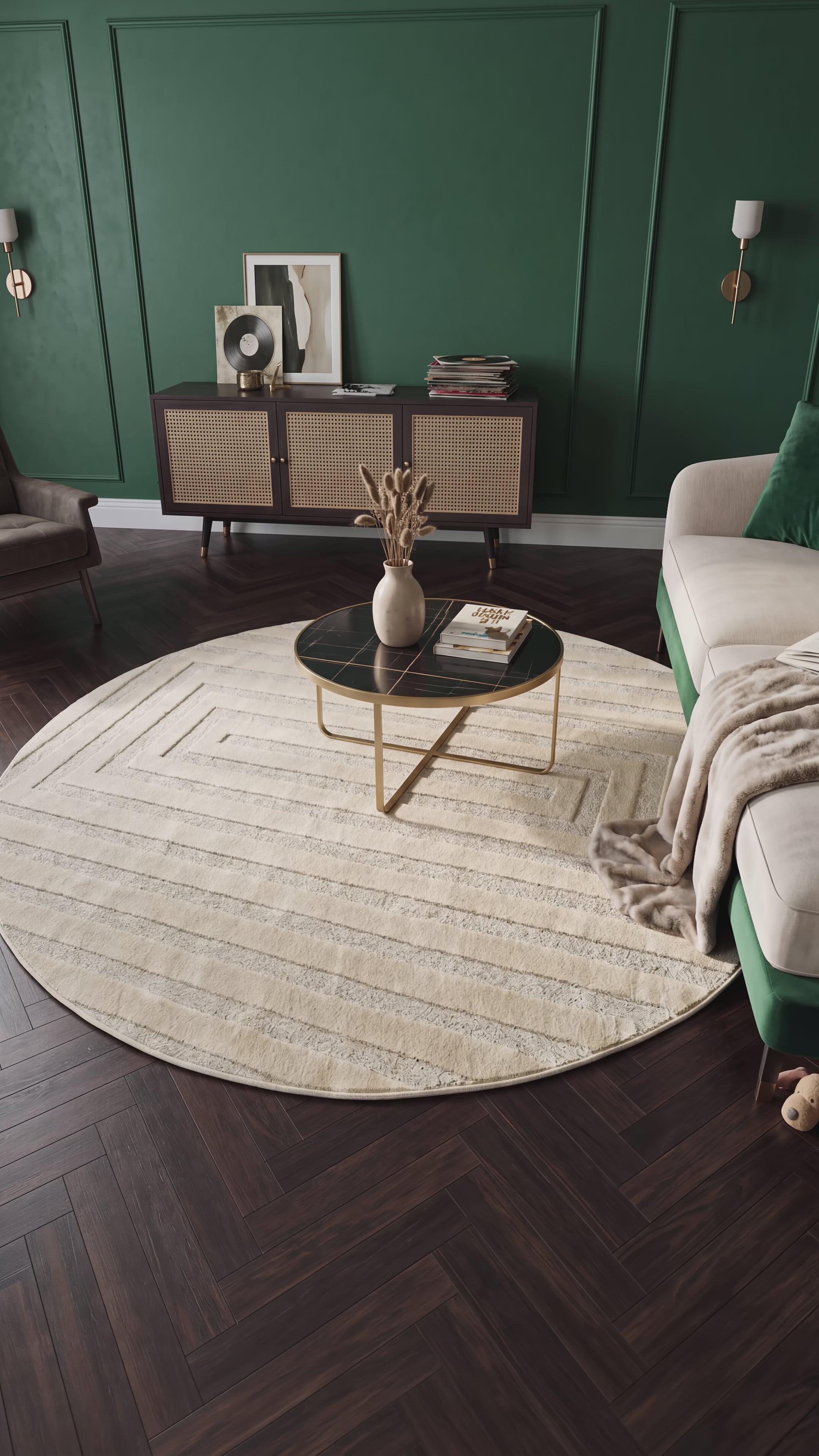 Japandi Teppich Linea Frame Creme Rund